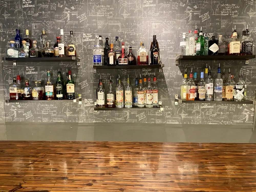 The full bar at Crispi's, stocked with spirits and wine